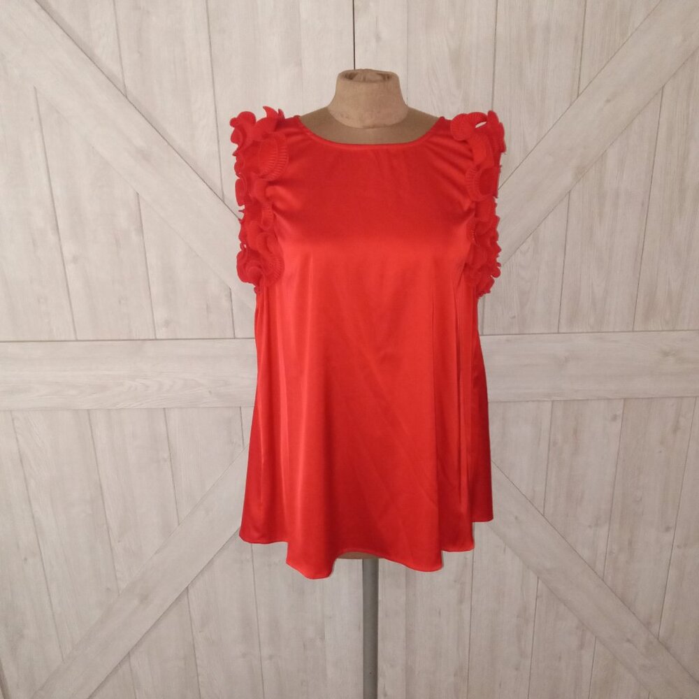 JODIFL-WOMENS RED SILK STATEMENT RUFFLE SLEEVE TOP SIZE NWT-SIZE 1X